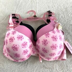 Juicy Couture Rose Flowers Sexy Push Up Bra Size 38C 3pack Pink Floral Black NWT
